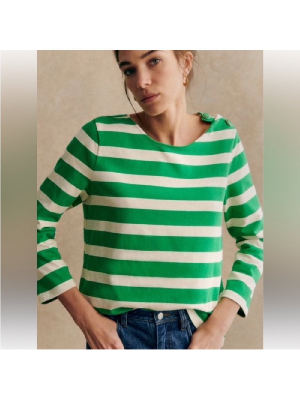 Sézane Green & White Striped Boatneck Top